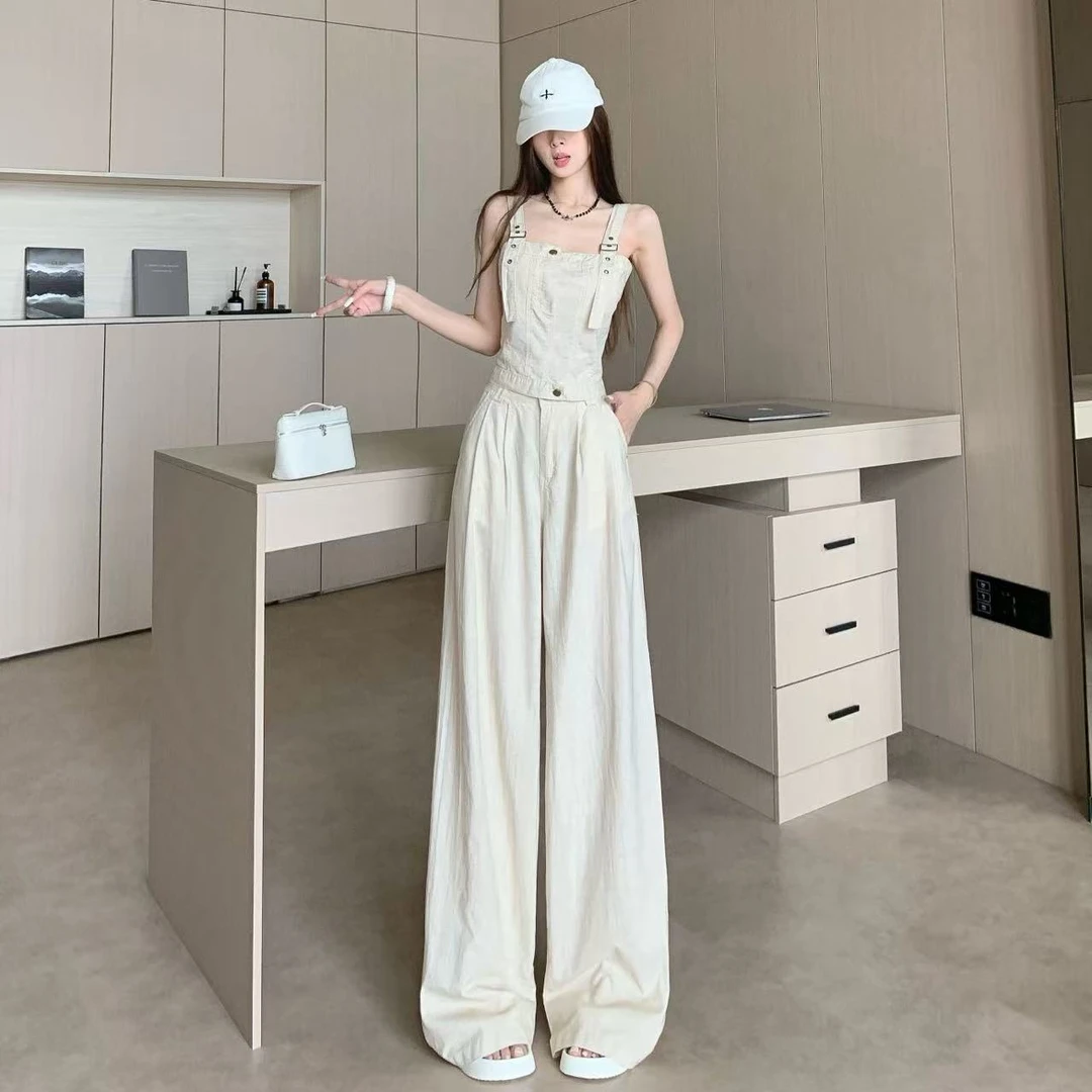 时尚韩系休闲套装女2025夏季新款辣妹吊带+高腰直筒阔腿裤两件套