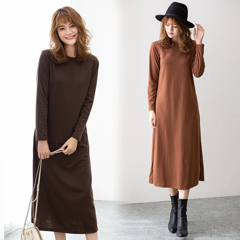 轻熟风秋季新款韩版修身长款裙子圆领长袖连衣裙时尚百搭纯色女士