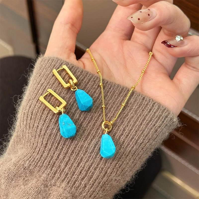 铜陶瓷项链 新款欧美时尚蓝色石头水滴吊坠项链简约高级感气质百