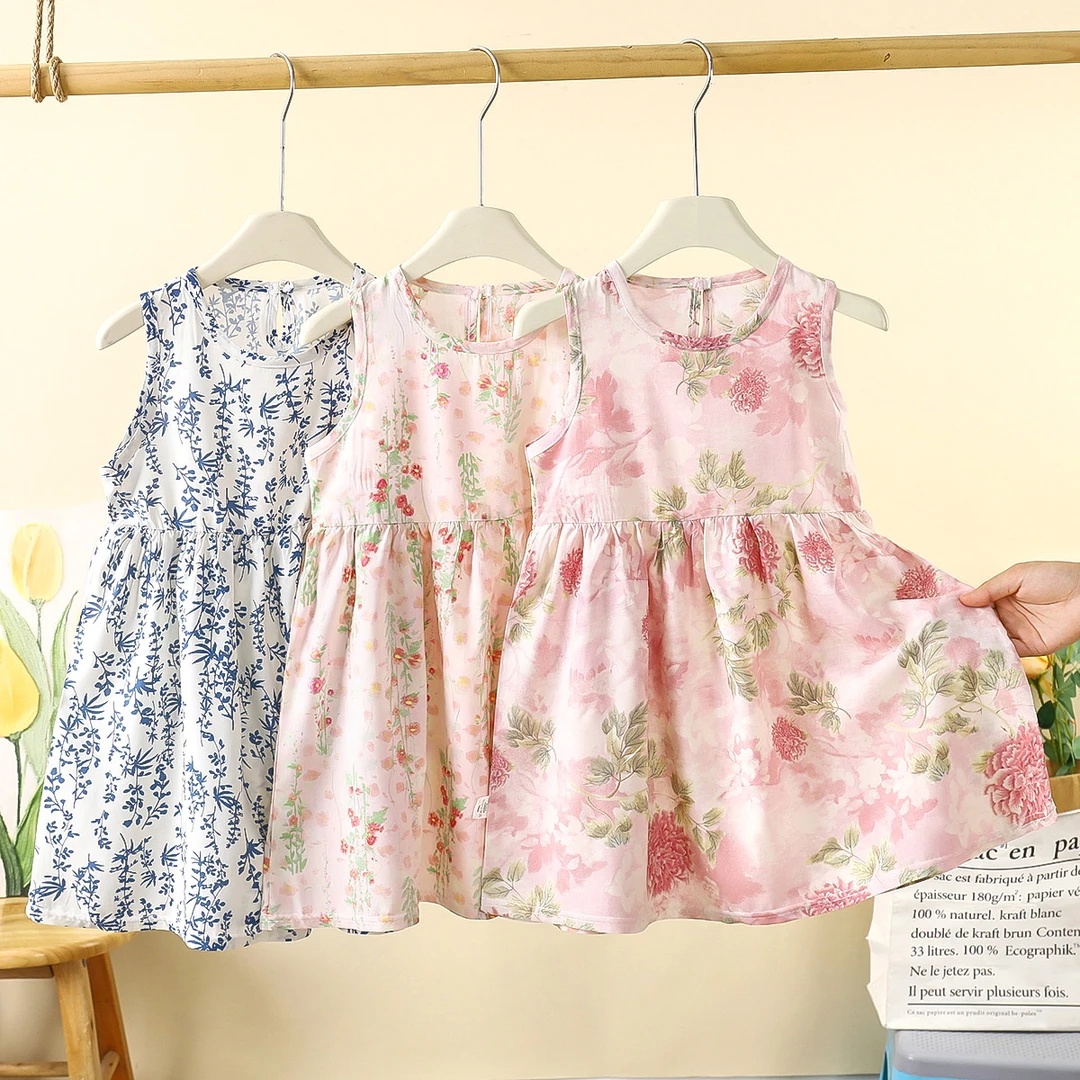夏天女童碎花裙子莱赛尔棉绸连衣裙背心裙公主裙女宝宝睡裙沙滩裙