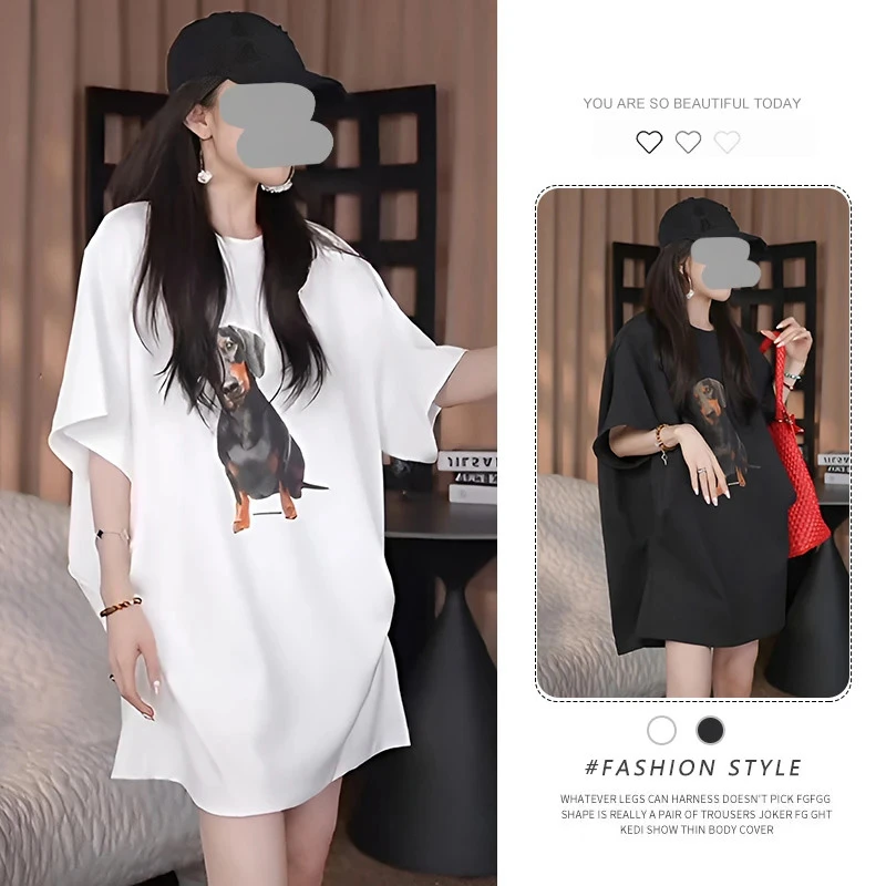 时尚简约中长款短袖t恤女夏季2025新款小个子宽松韩版慵懒风上衣