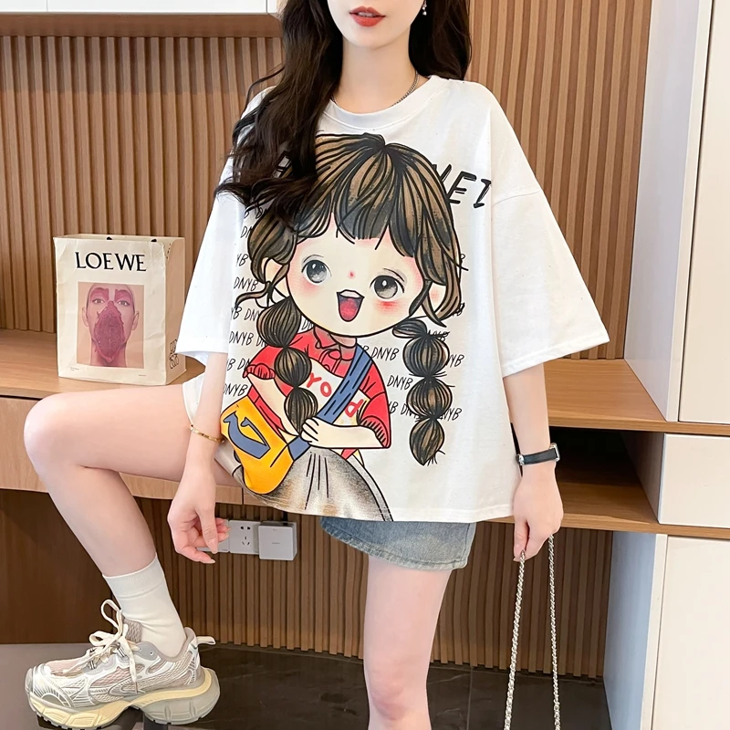 网红卡通女孩印花短袖T恤夏季宽松oversize圆领纯棉满天星上衣ins