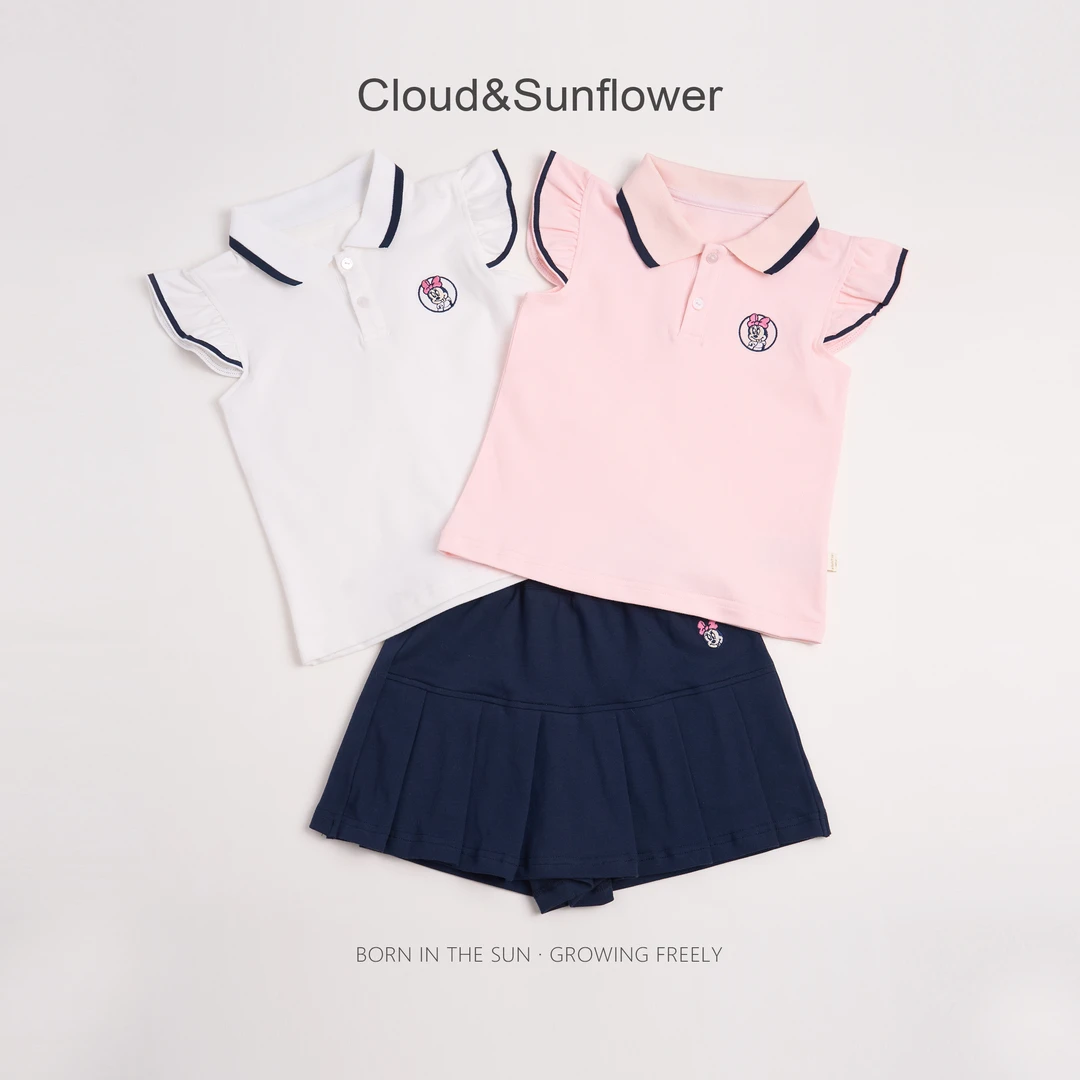 【云朵小葵】女童夏季学院风翻领Polo飞袖老鼠刺绣休闲套装1113818