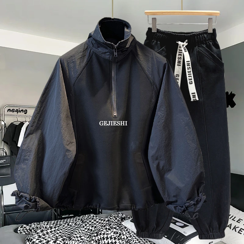 春秋季痞帅男装一整套韩版潮流半拉链卫衣搭配工装休闲裤时尚帅气