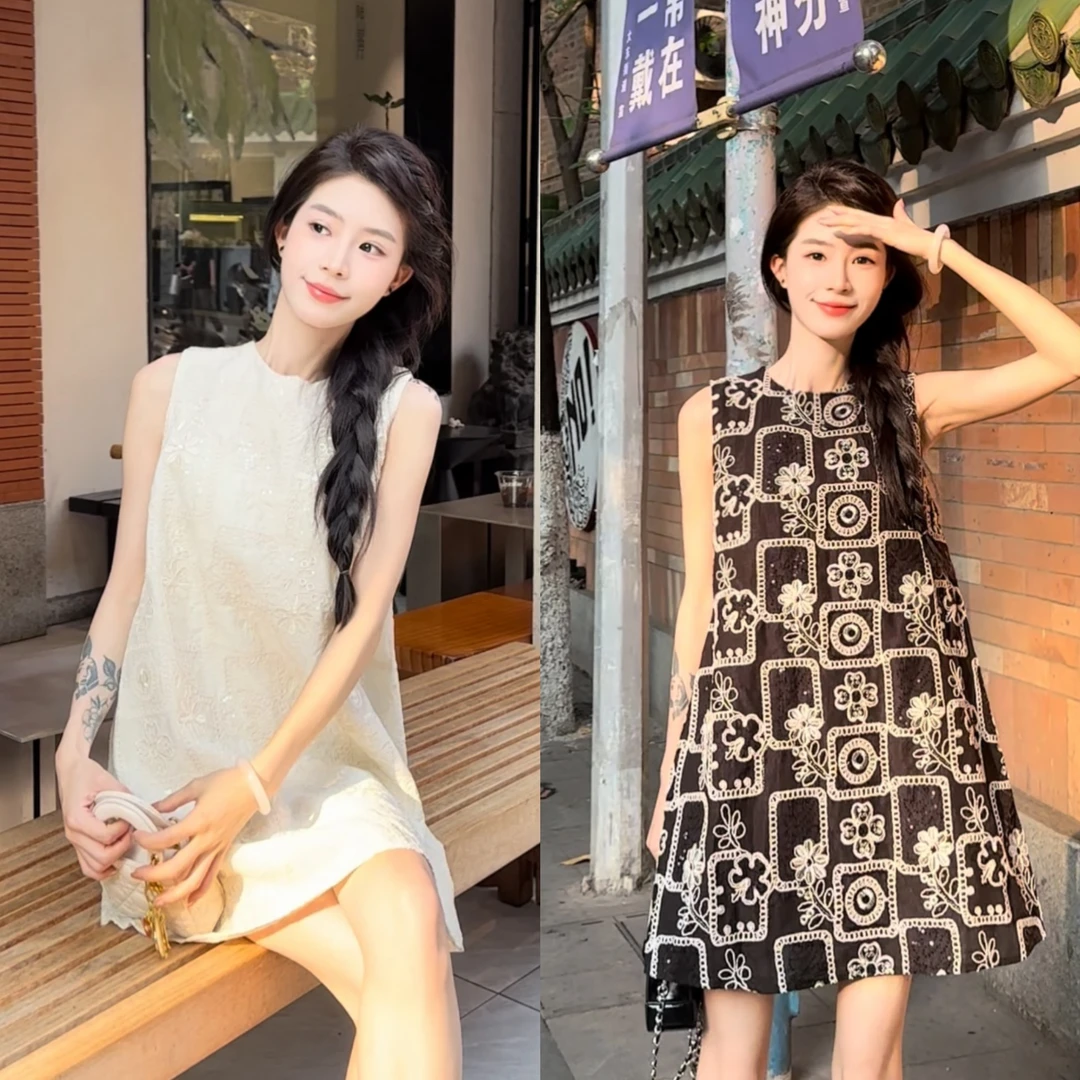 【温小柔定制.西城律动】2025春夏新款花朵亮片宽松时尚连衣裙