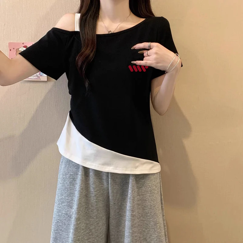 大码胖mm不规则斜领露肩短袖T恤女士夏季款设计感假两件印花上衣
