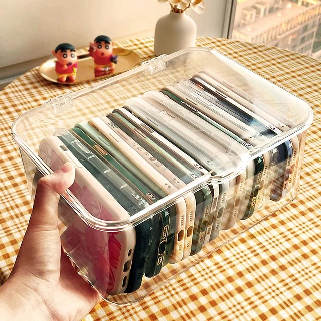 带盖手机壳收纳盒防尘桌面抽屉存放多功能杂物整理神器透明储物盒