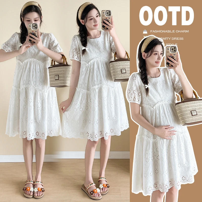 2025夏季新款孕妇装中长款白色圆领刺绣连衣裙大码女装外穿女裙子