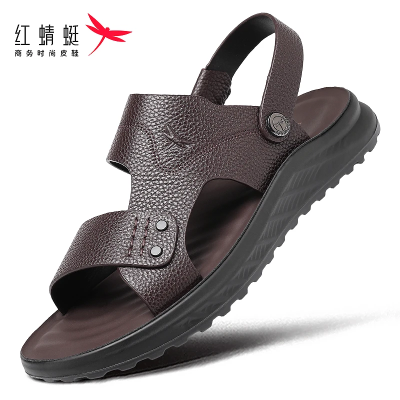 红蜻蜓夏季防滑耐磨头层牛皮外穿两用拖鞋沙滩男士防滑男式皮凉鞋