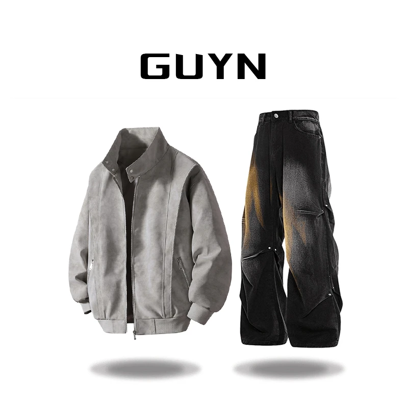 【品牌正品现货】GUYN新款潮牌美式复古棒球领休闲美拉德水洗皮夹克