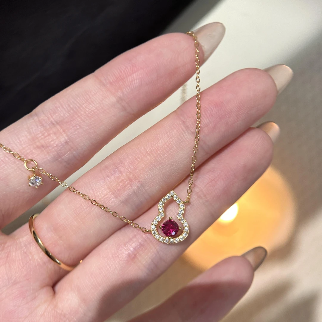 坠链均925银合成锆石 护身葫~纯银镀18K金镂空葫芦造型吊坠项链