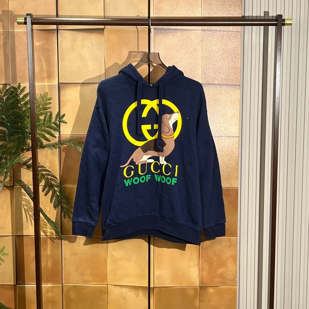 99新 GUCCI/古驰 新款蓝色小狗双环字母logo帽衫/os s码/25990