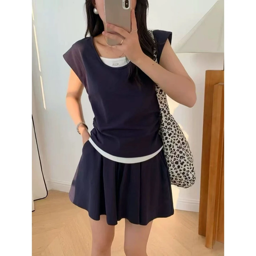 2025夏季新款减龄时尚气质假两件撞色上衣+裙裤6312#0.1