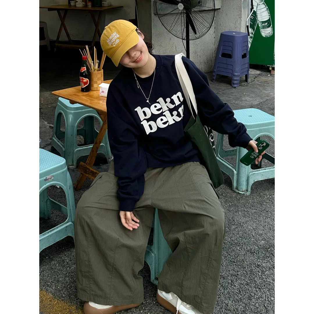 华棉复合薄款320克/加绒420克布面+手感印花宽松圆领卫衣女