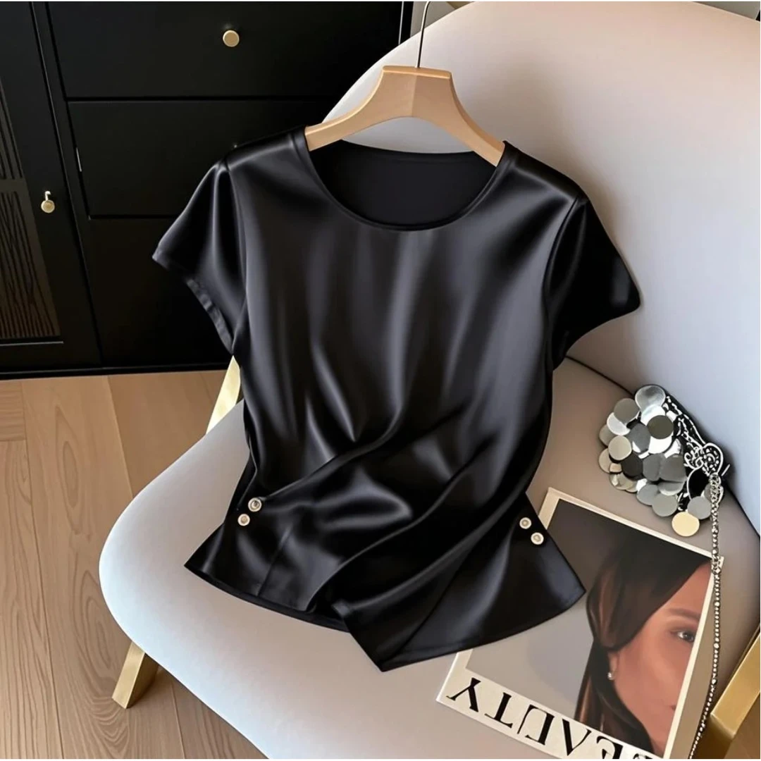 不规则交叉圆领短袖时尚百搭T恤女2025夏季新款黑色收腰显瘦上衣
