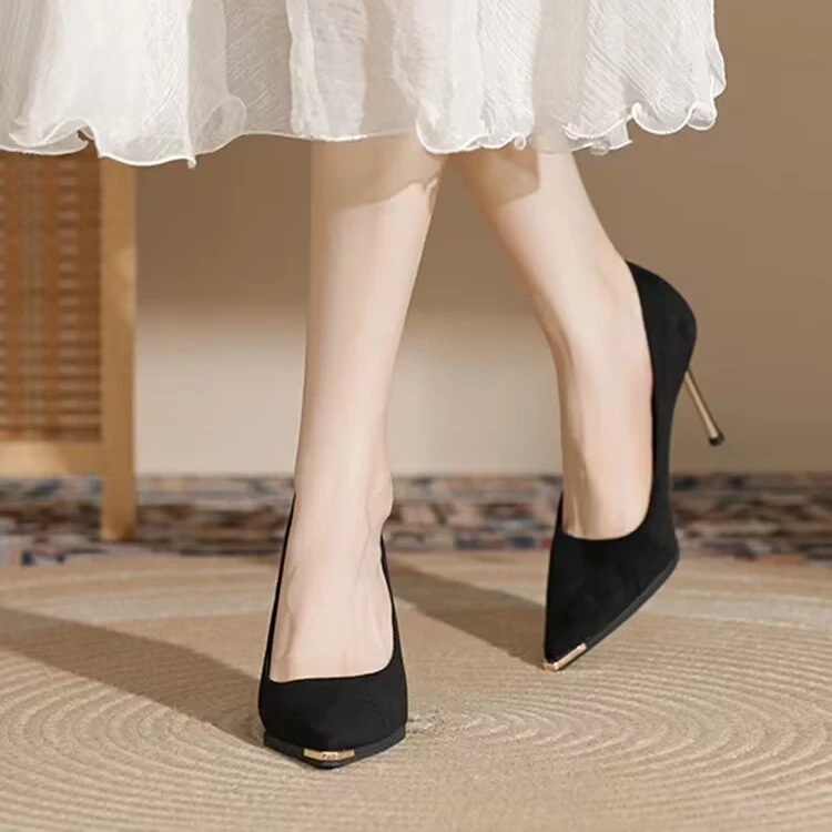 真软皮浅口细跟百搭高跟鞋女2025秋冬新款小个子黑色职业工作单鞋