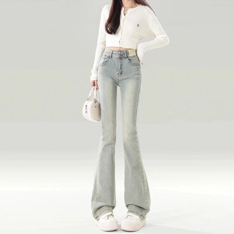 雪千羽浅色微喇牛仔裤女2025春夏新款高腰弹力修身显瘦马蹄喇叭裤