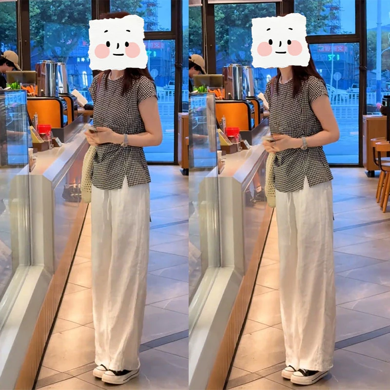 休闲风夏季法式高级感修身细带格子衬衫上衣百搭休闲直筒裤两件套