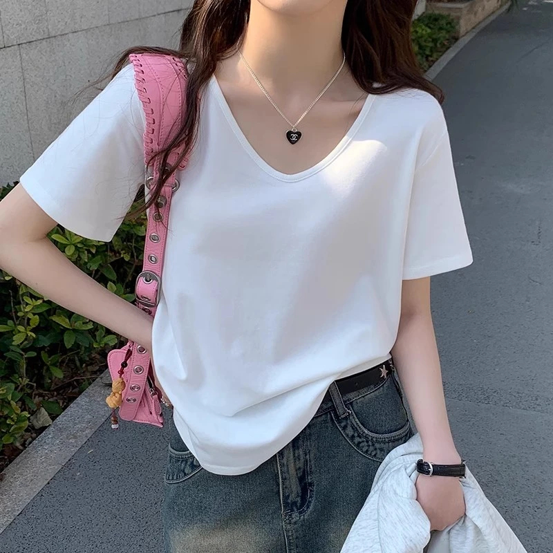新款白色v领短袖t恤女夏季2025年设计感打底衫宽松正肩上衣洋气