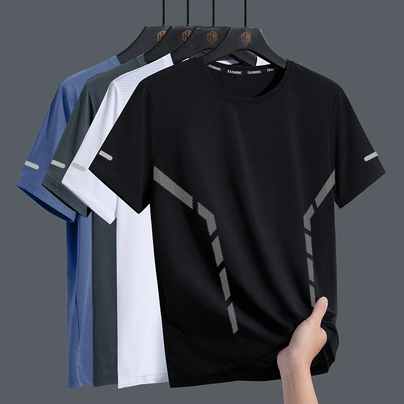 夏季男士冰丝短袖T恤男宽松圆领半袖体恤大码简约百搭速干上衣