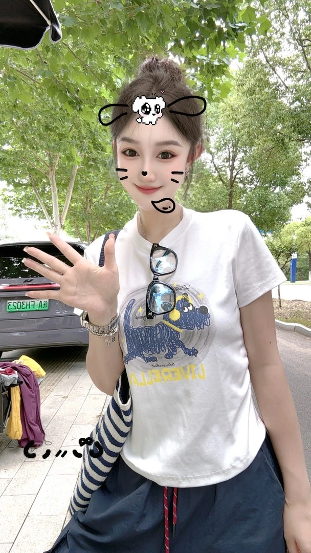 2025夏季新款时尚洋气百搭抽绳短袖上衣显瘦