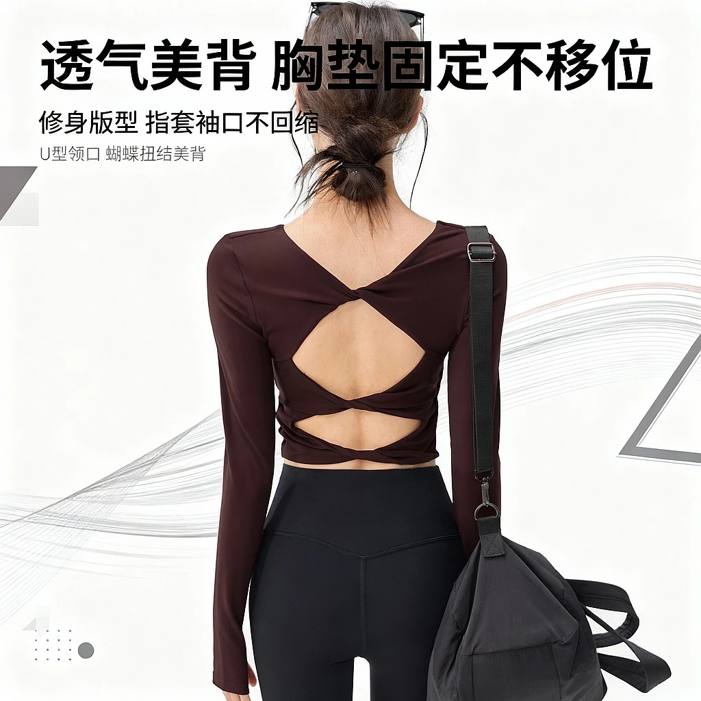 岚纹美背瑜伽服女带胸垫运动上衣高级感普拉提紧身训练健身长袖秋