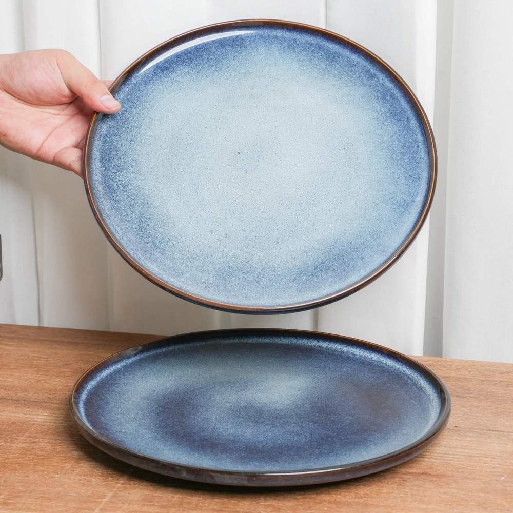 【瑕疵】大盘釉下彩陶瓷盘家用复古窑变蓝渐变平盘高级餐盘G1D/DP