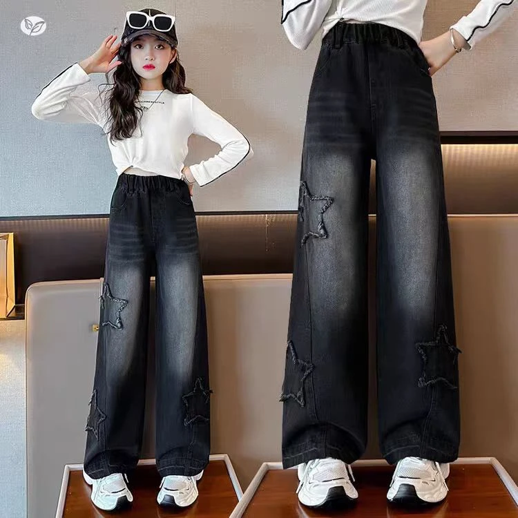 女童春秋款直筒裤2025中大童贴布宽松阔腿裤儿童秋季时髦牛仔长裤