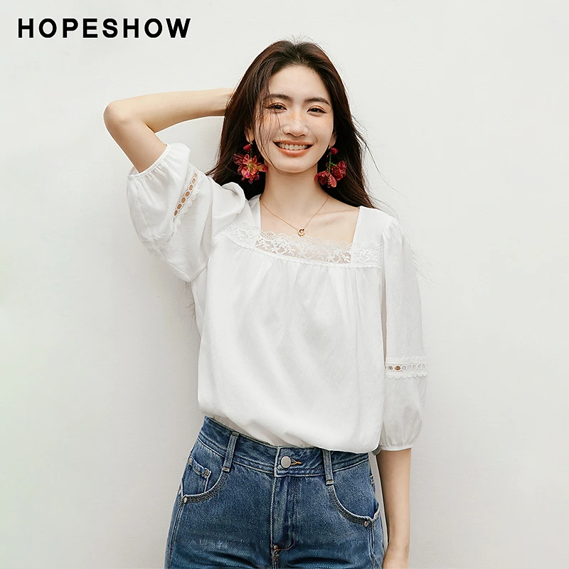 红袖2025春季女装 配色花边镂空正肩H型方领套头上衣90225112003