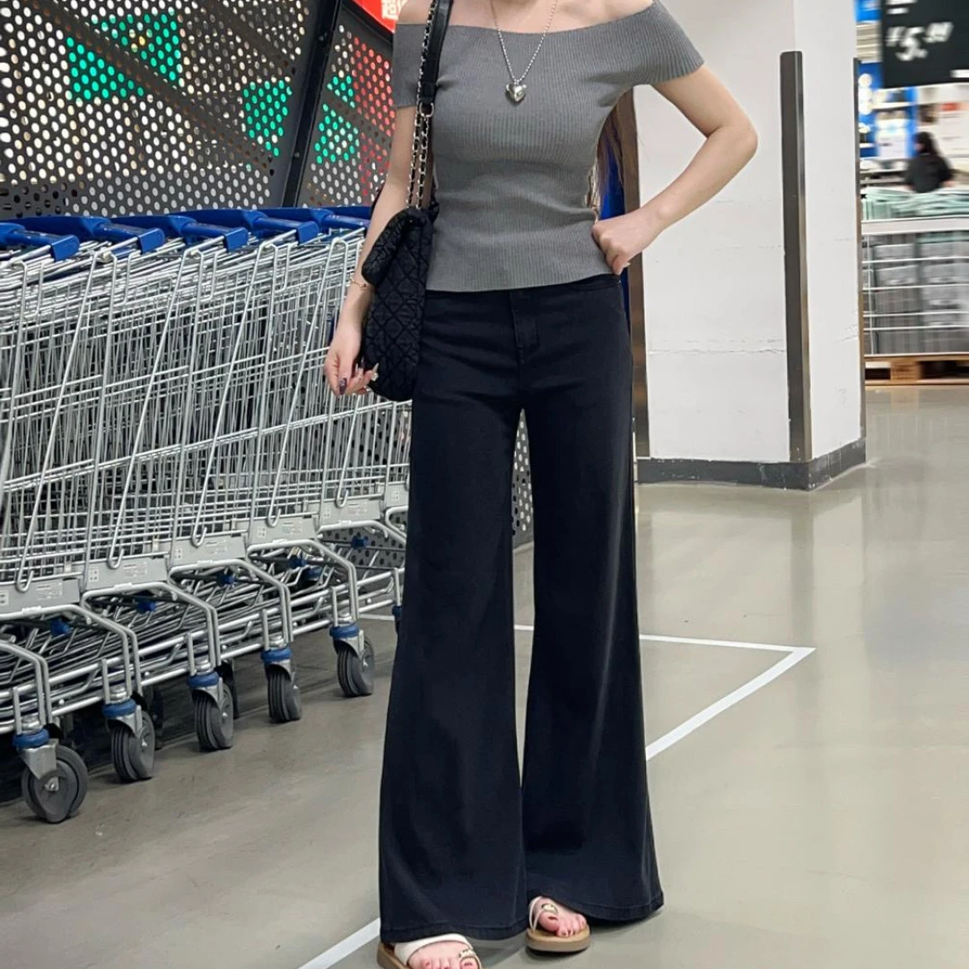 夏季新款设计感百搭休闲显瘦直通微喇薄款天丝黑色时尚纯色牛仔裤