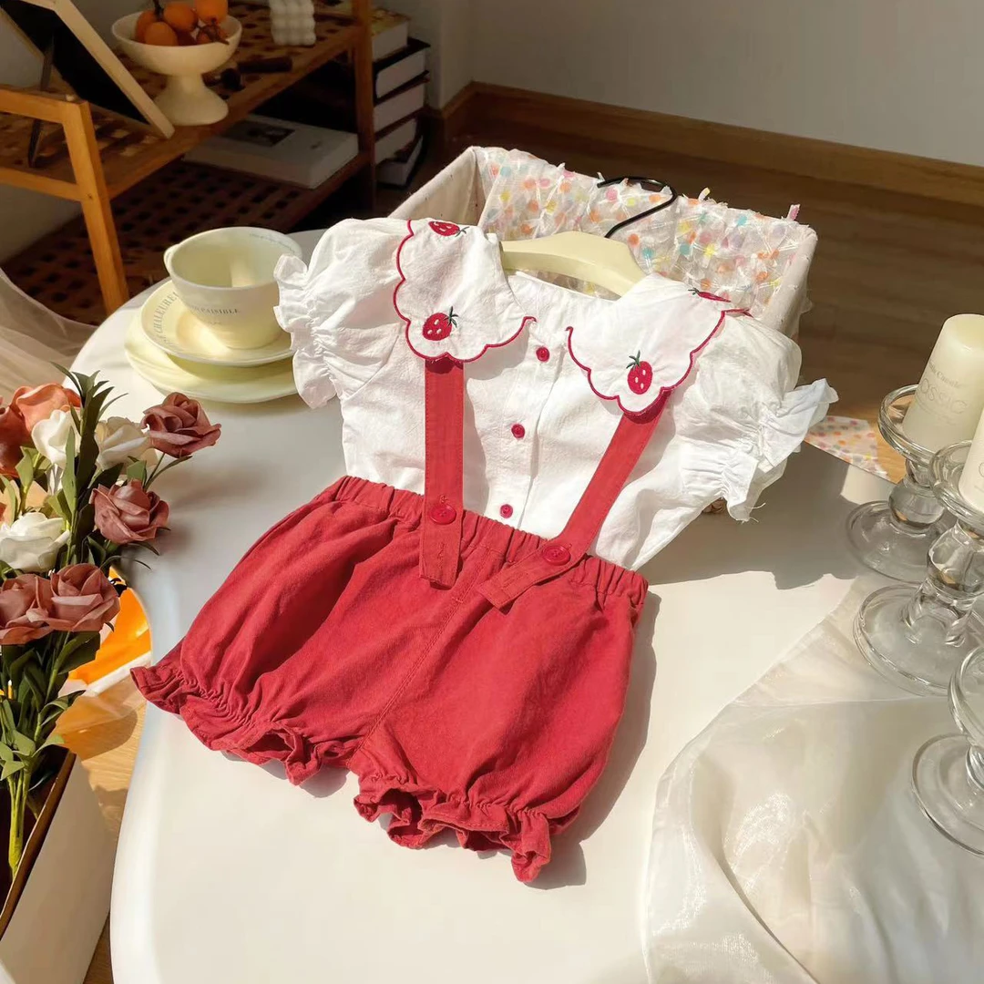 【现货】XT249150夏季新款儿童套装女童甜美娃娃衫背带裤两件套