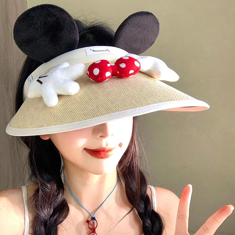 蝴蝶结小老鼠耳朵空顶防晒帽女夏季防紫外线遮阳帽大帽檐太阳帽子