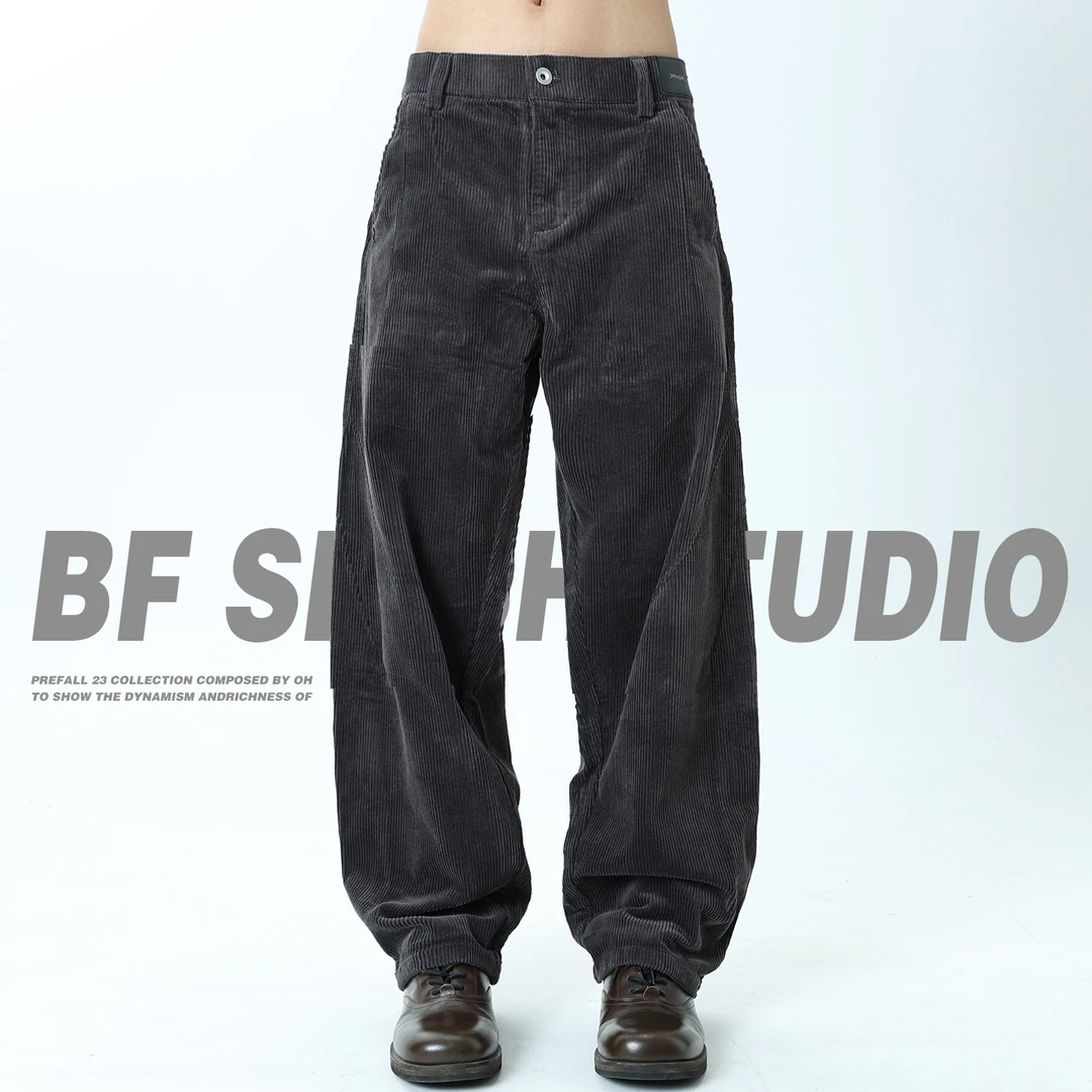 拼接工装休闲裤男士直筒裤2025秋冬新款宽松重磅粗条纹灯芯绒裤子