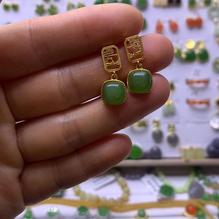 和田玉银S925镶嵌耳饰