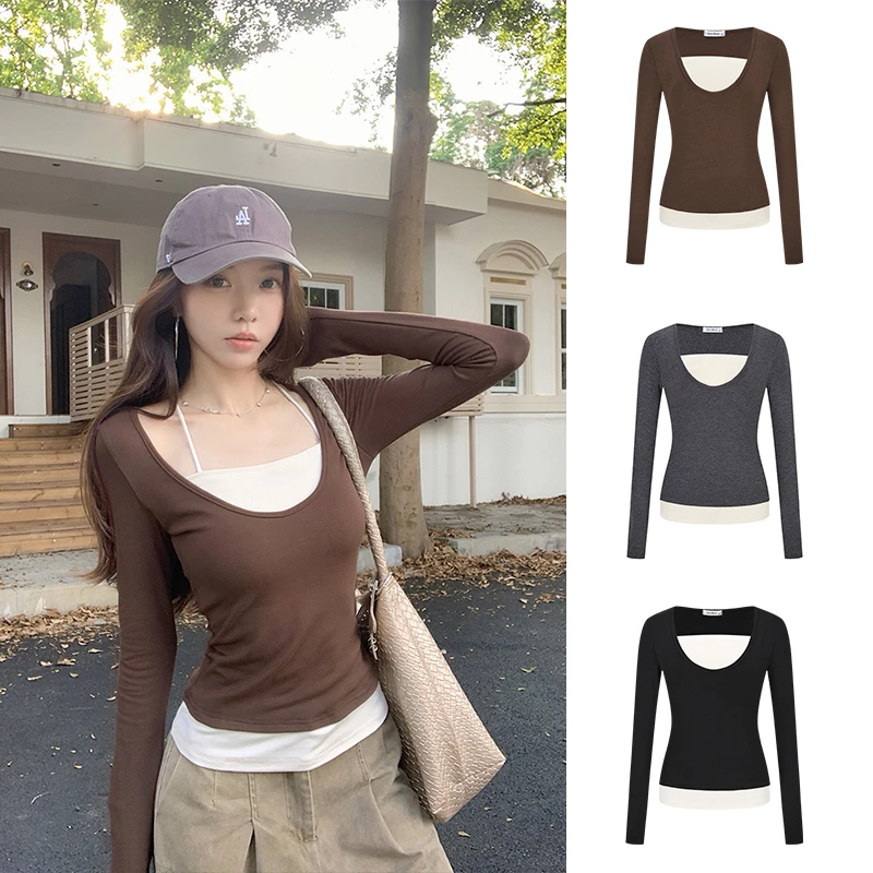 Moses Queen/魔西女王美式假两件长袖女春内搭打底衫修身显瘦上衣