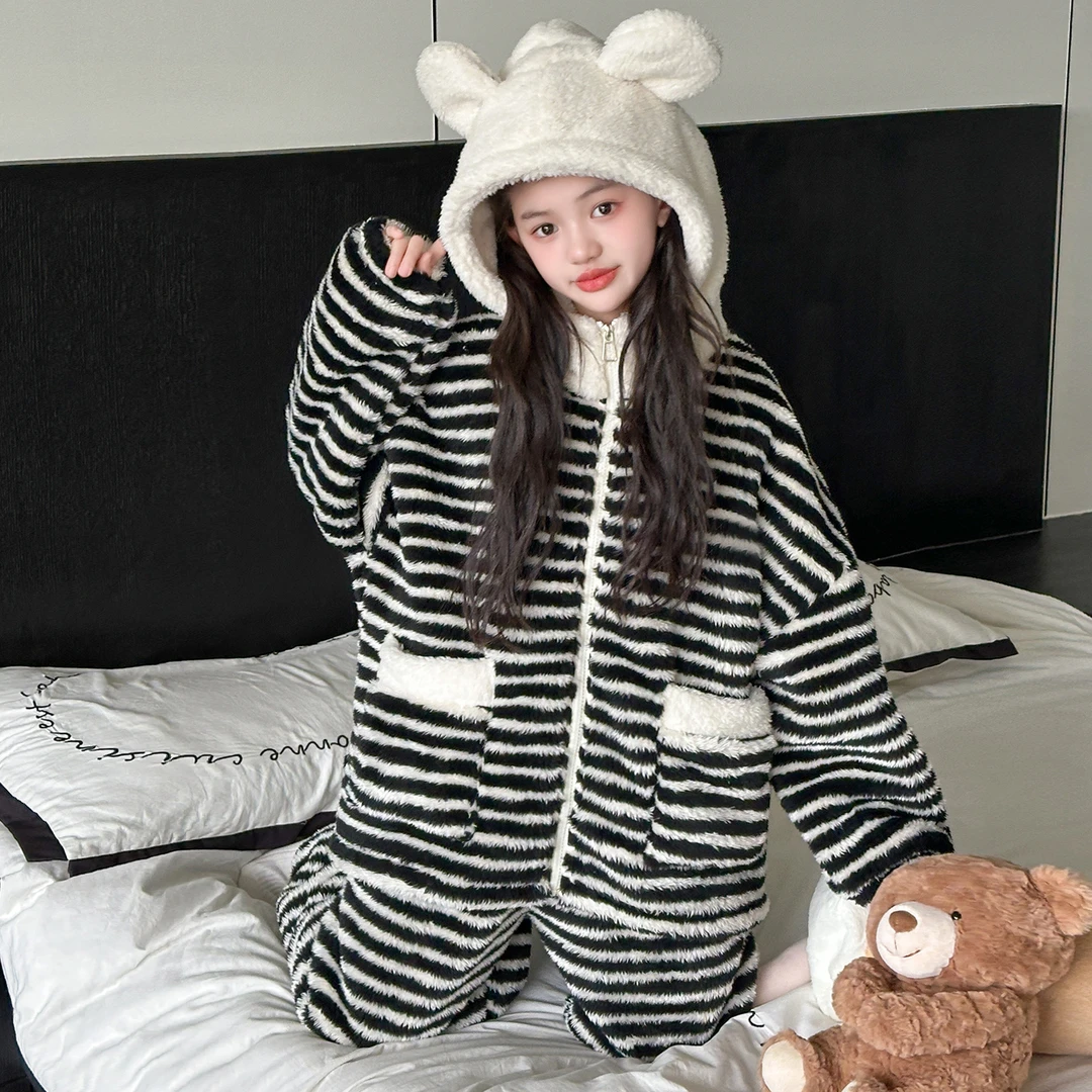 女童法兰绒睡衣套装冬装新款女大童加厚条纹连帽家居服SQ2514