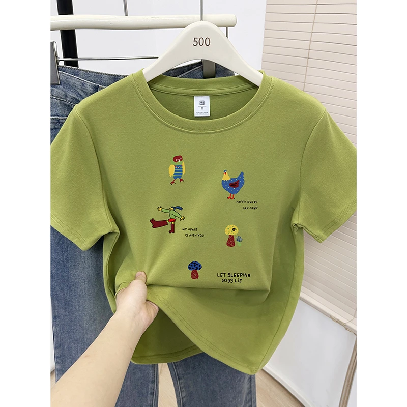 正肩短袖T恤女夏季2025年新款时尚设计感卡通印花半袖圆领上衣潮