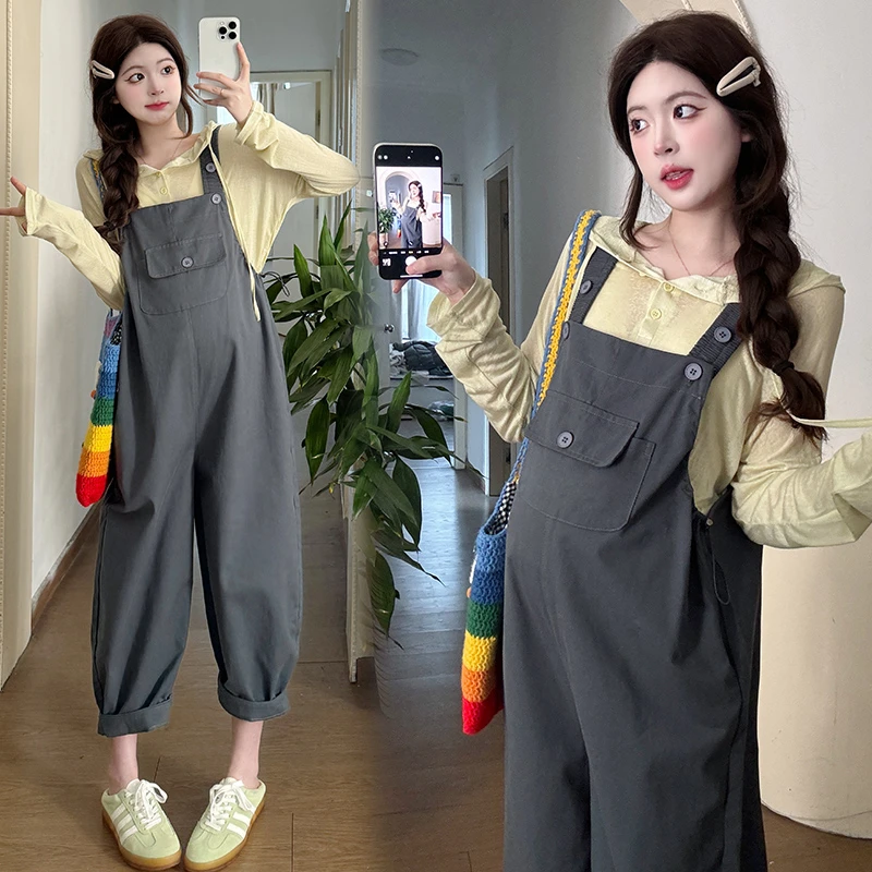 【玫瑰优选】2025孕妇装春季套装韩版休闲背带裤连帽上衣孕妇套装