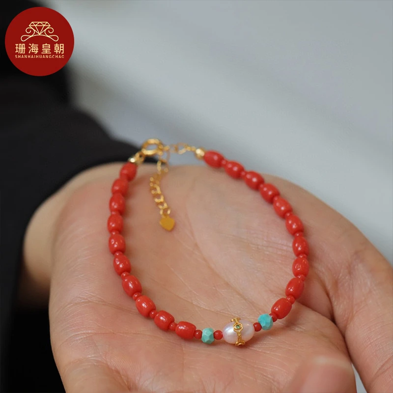 非金属木质手链 珊海皇朝红珊珊手串藏饰桶珠单圈手链轻奢百搭女