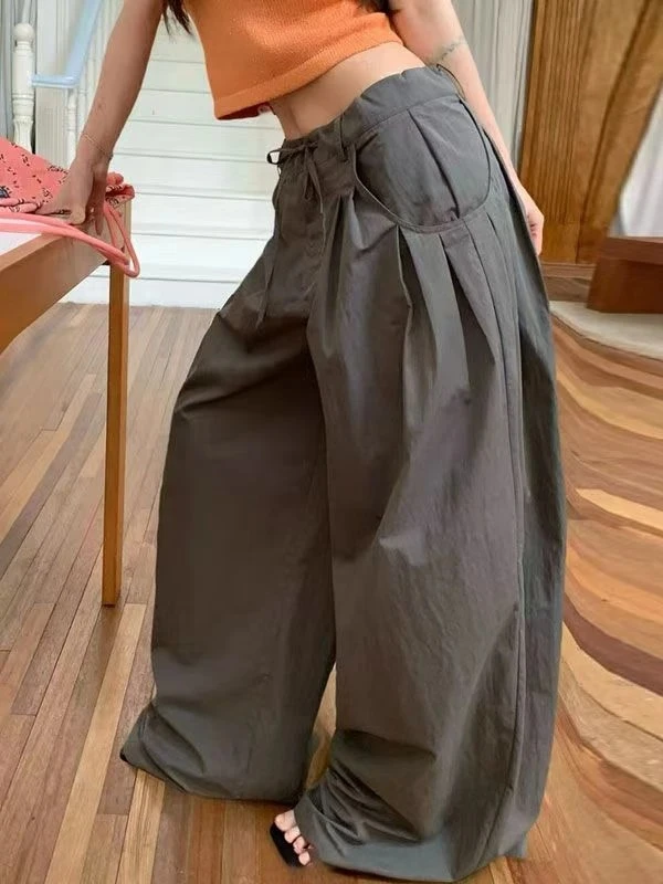 ins夏季复古美式松弛感抽褶阔腿低腰垂感宽松工装伞兵裤休闲裤