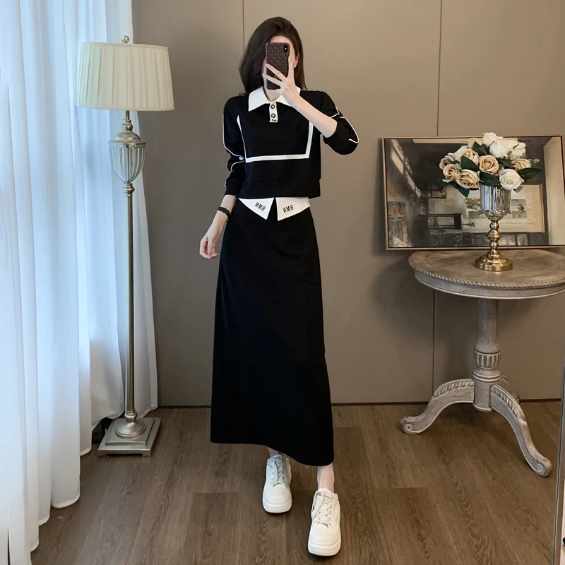 欧货小众高级感黑色休闲套装裙女秋冬加绒洋气显瘦百搭时尚卫衣潮