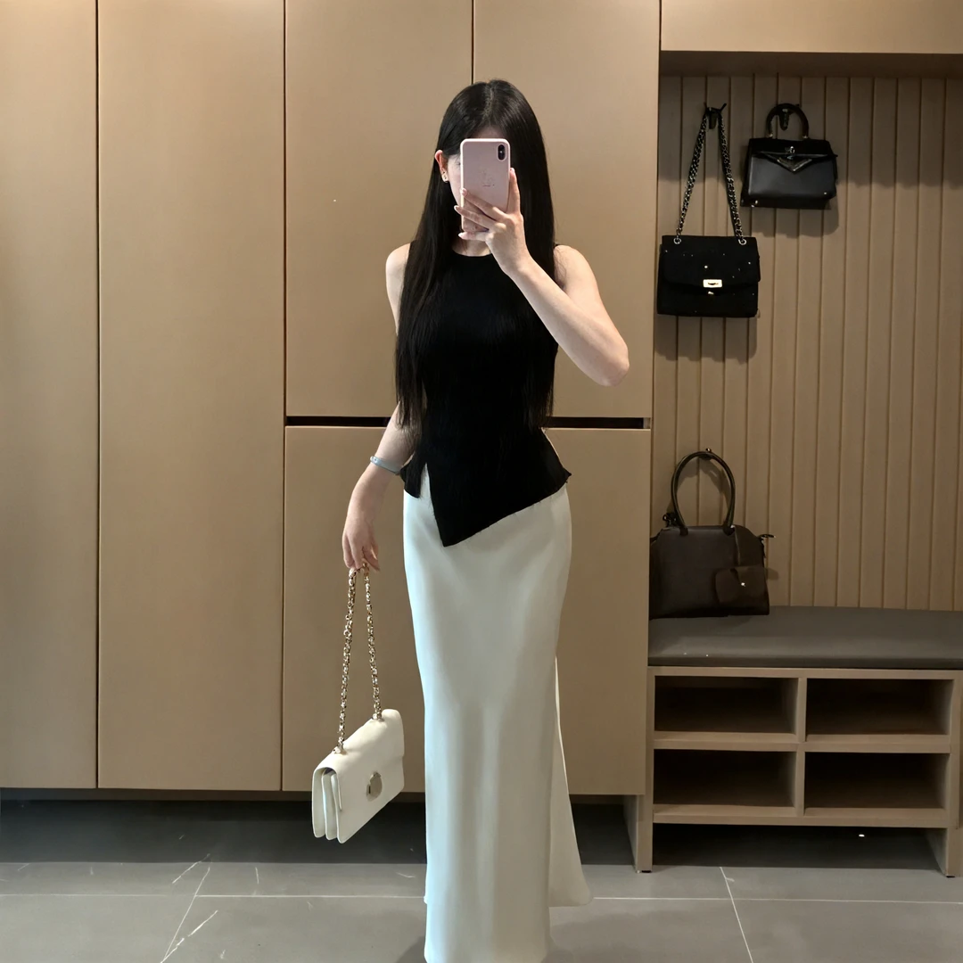 夏季新款法式高级感气质不规则无袖上衣高腰显瘦包臀半身裙套装女