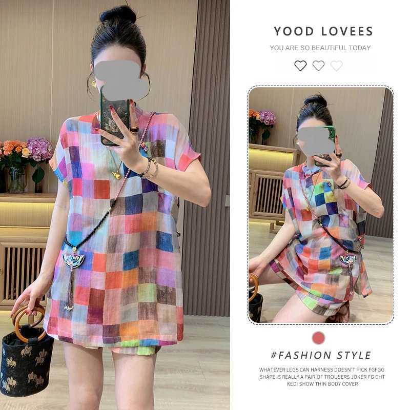 多巴胺彩色格子套装女2025夏季新款新中式短袖上衣阔腿短裤两件套