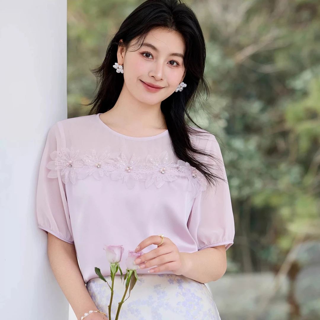 新款立体花朵装饰法式风情女士小衫9256