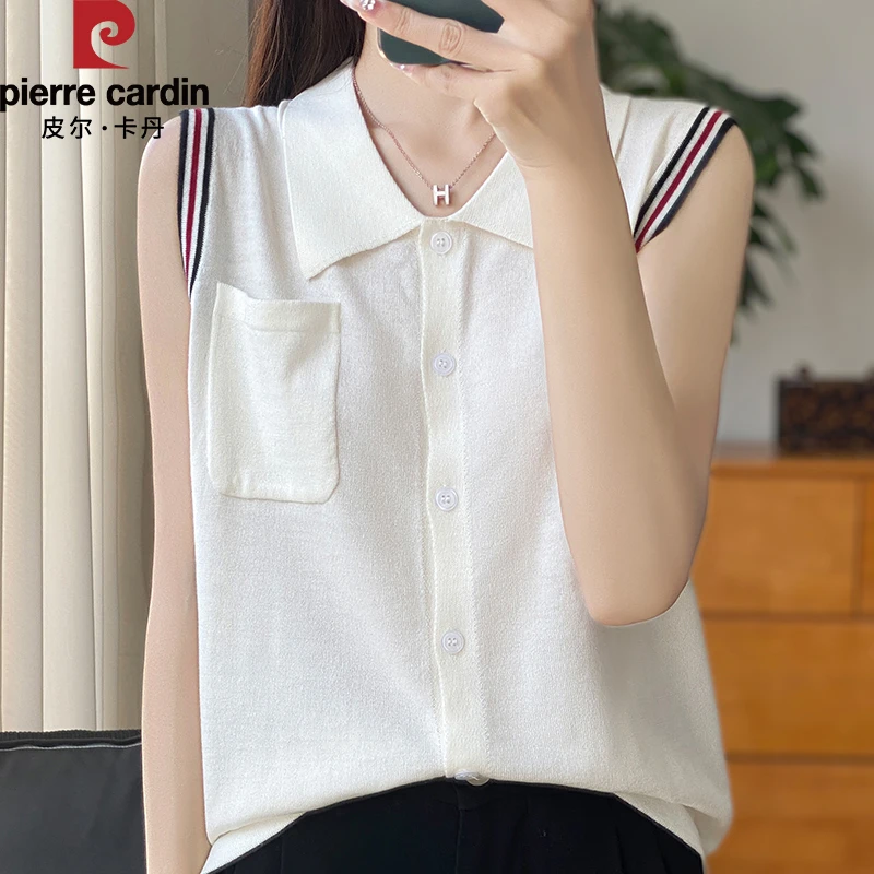 皮尔卡丹2025新款时尚软糯精仿羊毛polo领开衫女外搭针织衫无袖女