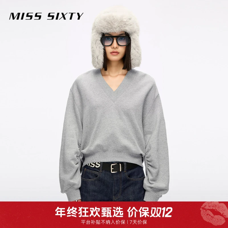 Miss Sixty2025冬季新款棉质卫衣女V领刺绣唇印上衣复古运动风