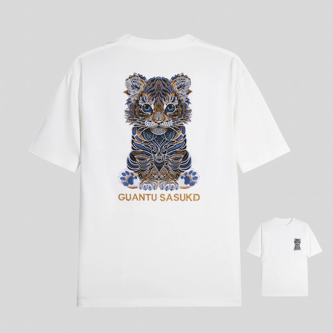 328T重磅幼崽小老虎重工刺绣短袖透气T恤男女同款