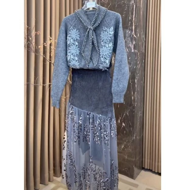 芙娜妮轻奢秋冬新款小众设计毛衣气质显瘦名媛女装两件套F2432278