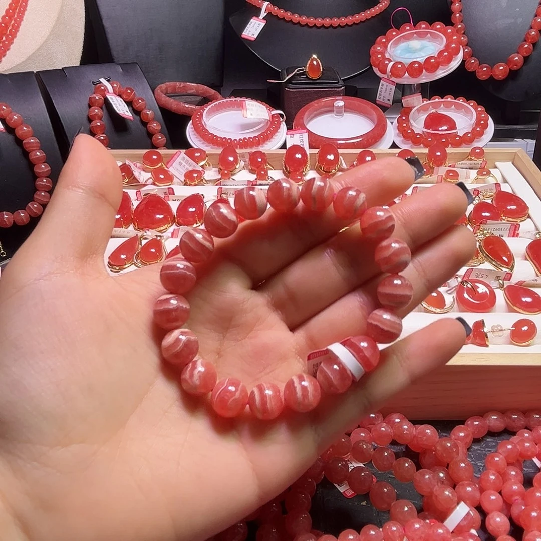 18K金镶嵌菱锰矿（红纹石）手串五花肉10mm
