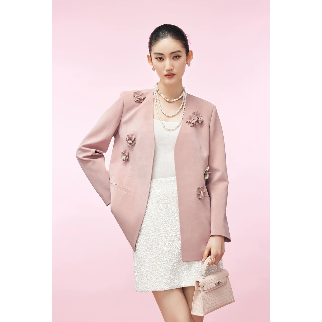 【陈大可专属】MandyZhang重工立体钉珠皮花西装外套女秋冬上衣